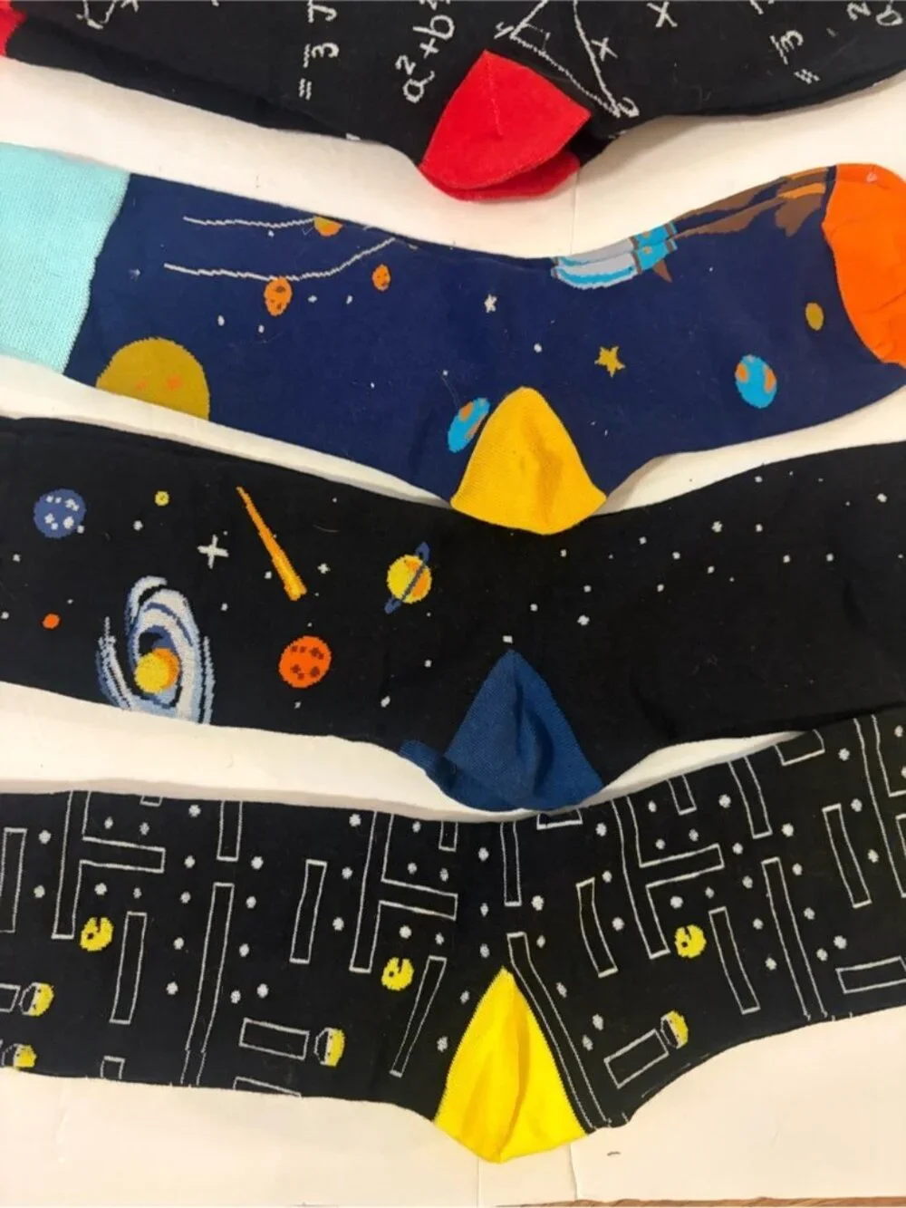 4-Pack Space Science Novelty Crew Socks Bundle Pac-Man Galaxy Math